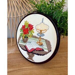 Decorative Cross Stitch Hoop Nostalgic Lamp, Book & Flowers Scene Handmade Wall